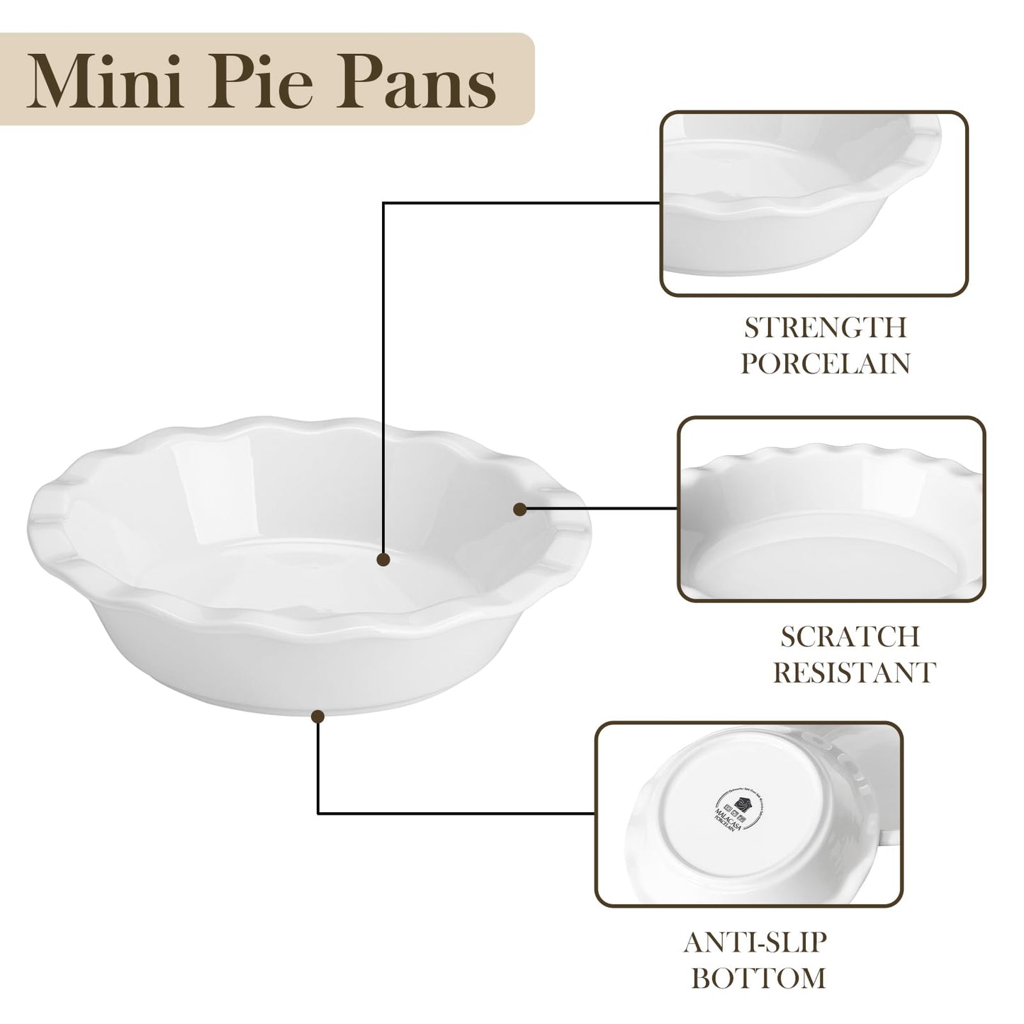 MALACASA Ceramic Mini Pie Pans Set of 6, 6 Inch Pie Plates for Baking with Ruffled Edge, Small Quiche Baking Dish Pans Tart Pans, Individual Pot Pie Plates, Microwave & Oven Safe, White
