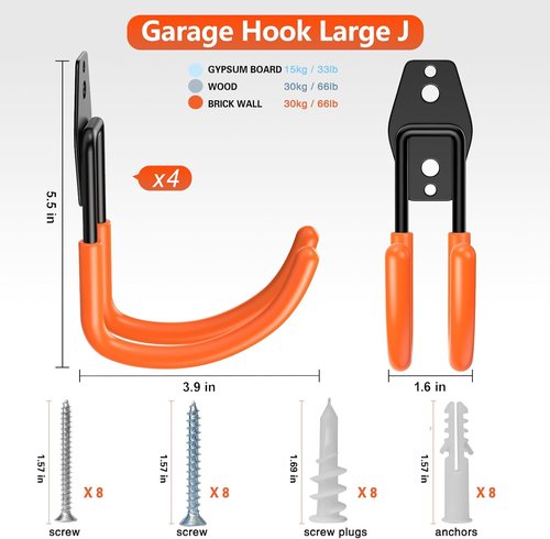 HUPBIPY Heavy Duty Garage Hooks - J Shaped Wall Mounted Storage System for Tools & Ladders | 4 Pack