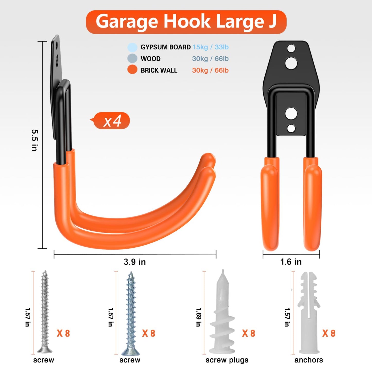 HUPBIPY Heavy Duty Garage Hooks 4 Pack, J Shaped Hanger, Wall Mounted Storage System, Power and Garden Tool Organizer, for Hanging Ladders, Bikes Tires, Hose, Bulk Items