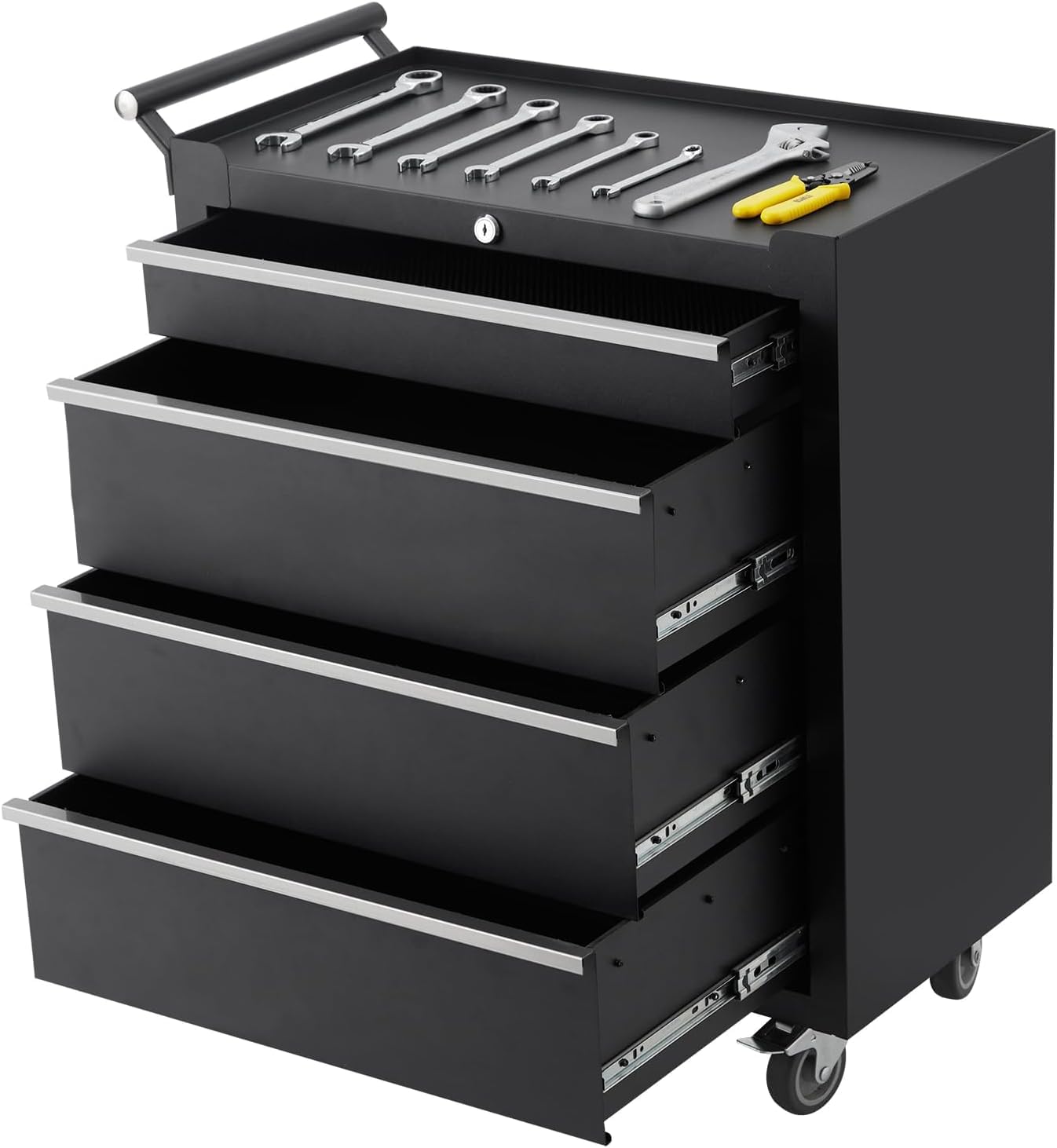 PeakPursuit 4-Drawers Rolling Tool Chest, Portable Tool Box with Wheels and Lock System, Secure Storage Cabinet for Warehouse, Workshop, and Repair Shop, Black