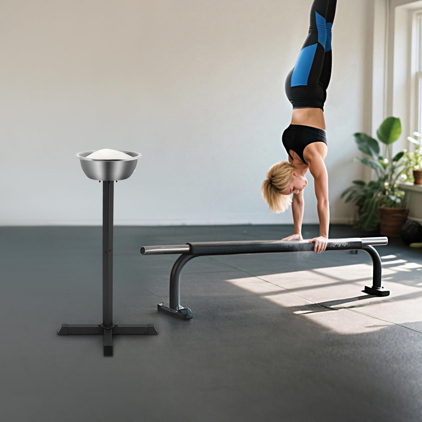 wruoiweods 21.6" x42.3" Portable Gym Chalk Stand, Freestanding Holder Gym Chalk Bowl, Compact & Lightweight, Fitness Chalk Holder Station with Bowl Bucket for Gymnastics Weight Lifting Climbing Sport