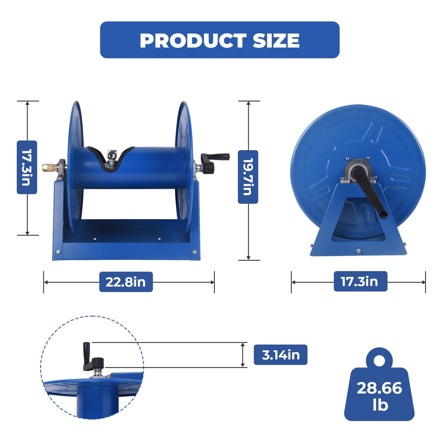 Dawot 4000 PSI Hand Crank Steel Air Hose Reel, Holds 1/2" x 225' Hose, Fits Air Compressor, Pressure Washer (Hose Not Included)