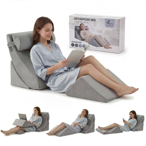 Axelrod Orthopedic Bed Wedge Pillow Set - 4PCS Adjustable Foam for Back, Neck & Leg Pain Relief | Grey