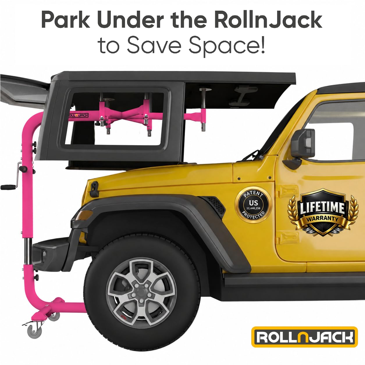 Hard Top Remover Lift for Jeep Wranglers: 1997-to-Present JK JKU JL JLU TJ CJ, 2&4 Door Lifted Jeeps, 4 Door Bronco. Easy Assembly. One Person System. Hardtop Removal/Installation in Minutes. Patented