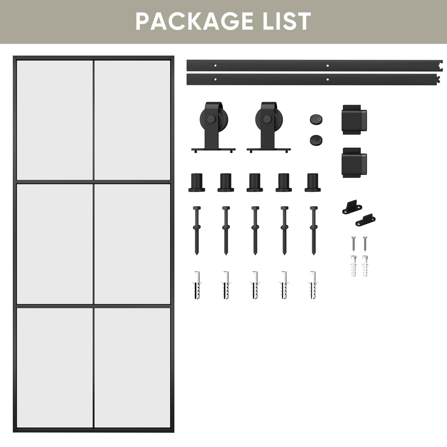 JUBEST 34in x 84in Glass Sliding Barn Door with 6ft Hardware kit, 3-Panel Black Aluminum Frame and Clear Tempered Glass Modern French Door, Easy to Install