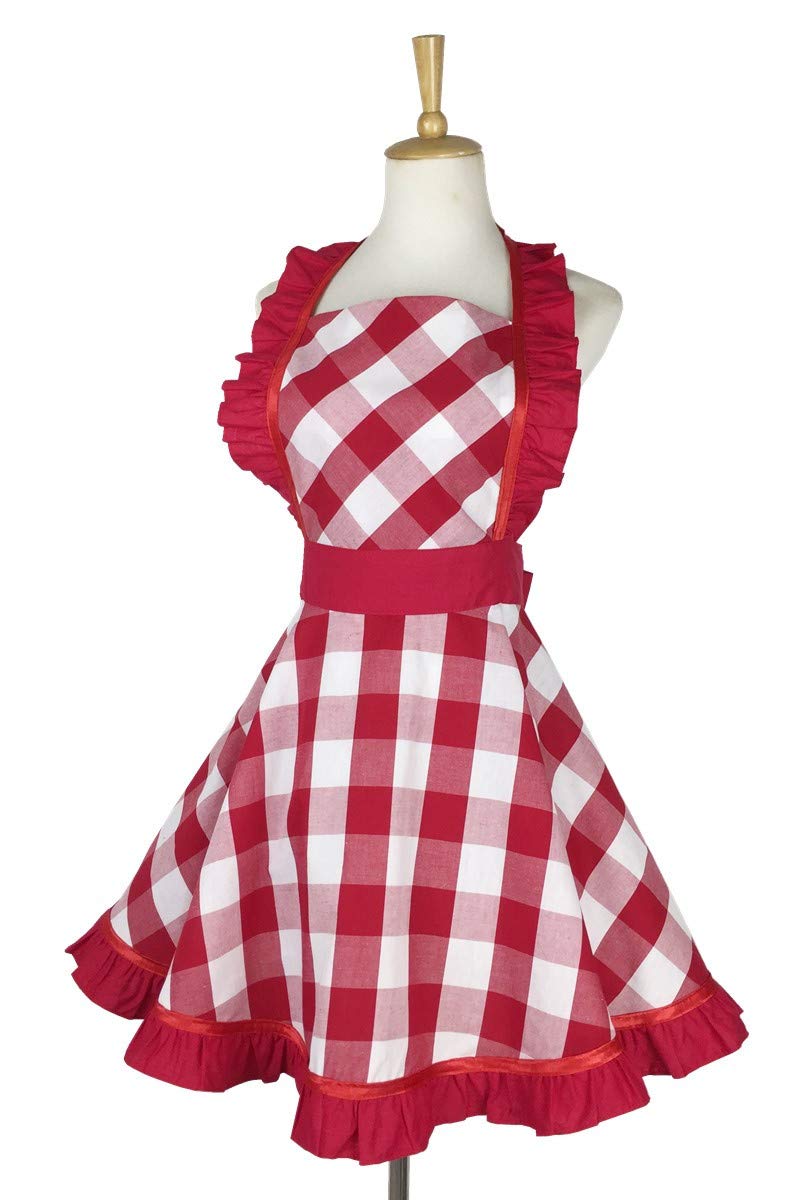 Hyzrz Lovely Retro Aprons for Women with Pocket Cotton Cooking Mother's Day Apron Dress Gift (Red Grid)