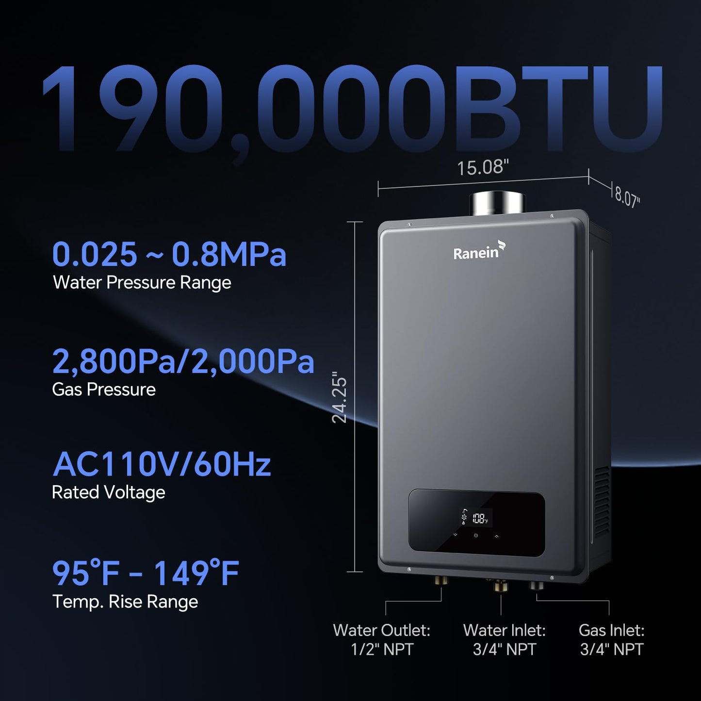 Ranein Natural Gas Tankless Water Heater, Indoor Max 8.5 GPM, 190,000 BTU Instant Hot Water Heater