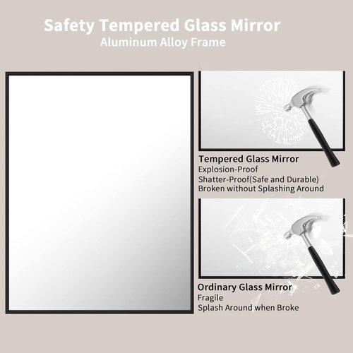 LOAAO Black Rectangle Bathroom Mirror - 28" x 36" Matte Black Aluminum Frame, Tempered Glass, Versatile Hanging Options