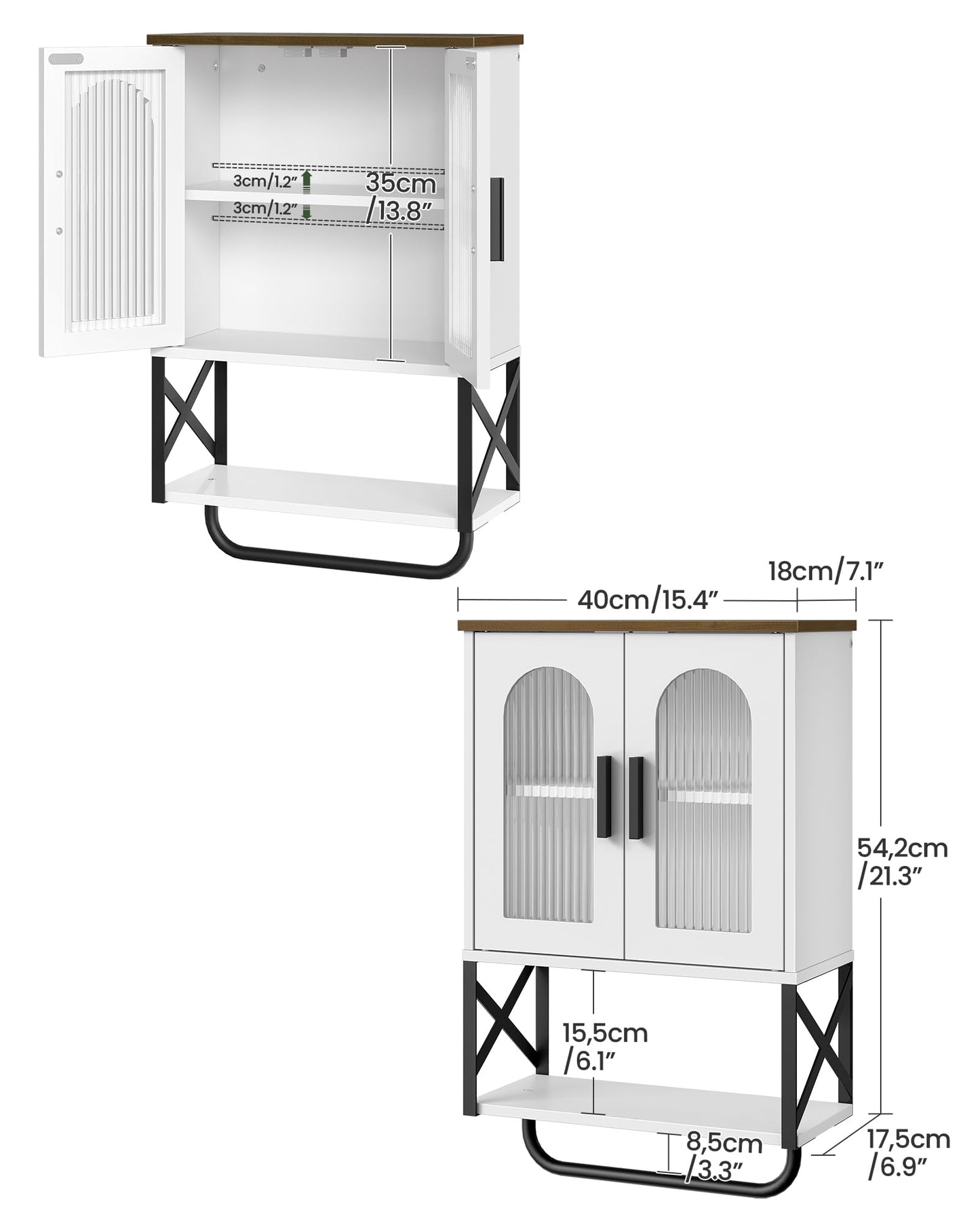 CHOEZON Bathroom Wall Cabinet, Medicine Cabinet with Adjustable Shelf and Towel Bar, Storage Cabinet Wall Mount with 2 Glass Doors, for Bathroom, Kitchen, Living Room, Dining Room, White and Walnut