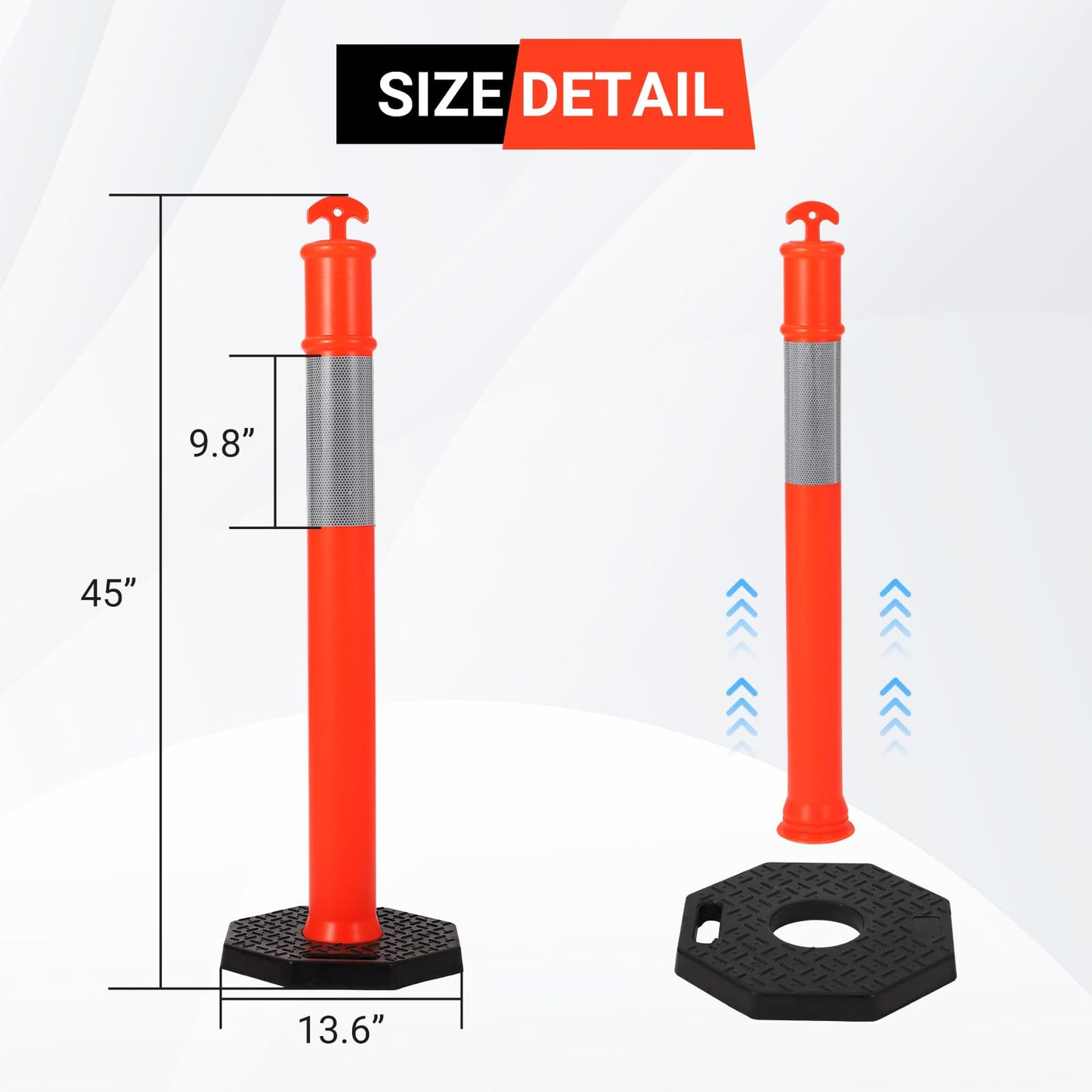 Delineator Post with Base 6 Pack, Towallmark 45 Inch Portable Orange Traffic Delineator Posts Cones with Reflective Collars for Driving Practice and Construction Work
