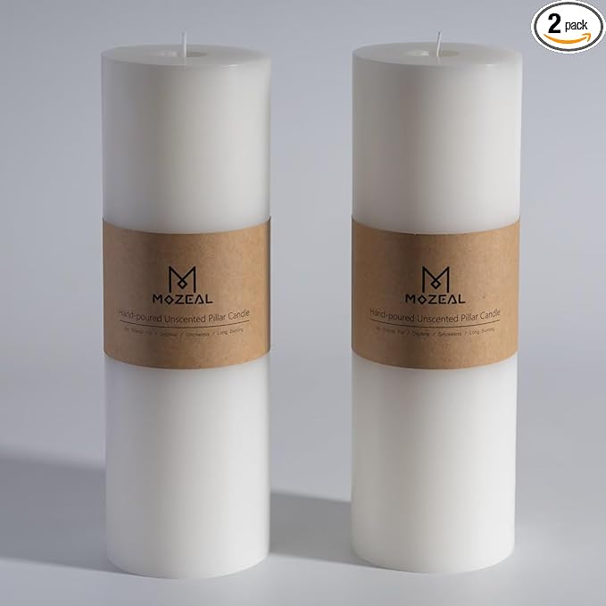 MOZEAL 4" x 12" Extra-Large White Pillar Candles (Set of 2), Unscented,Dripless, Smokeless,Long Clean-Burning,These Tall 12 inch Large White Pillar Candles Perfect for Weddings and Christmas Decor