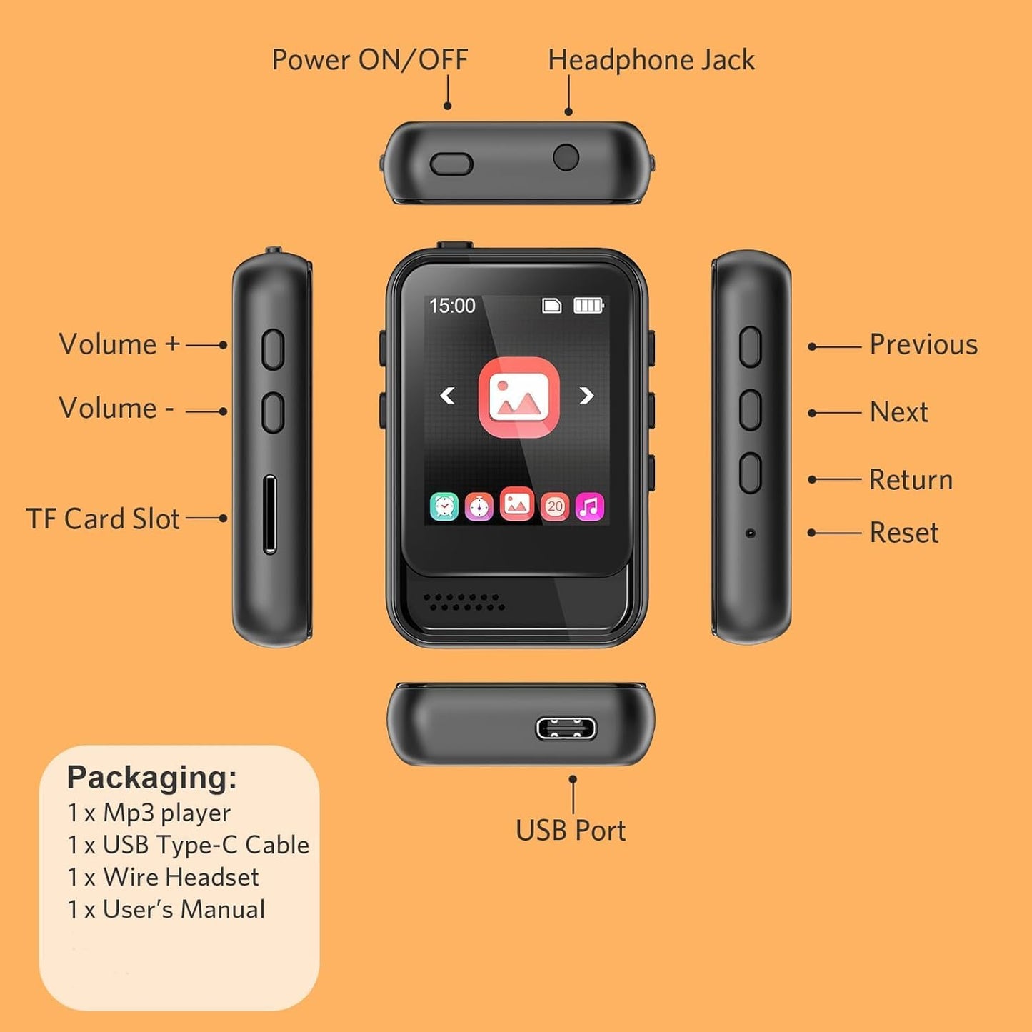 Colorcool MP3 5.3,Portable MP3 512GB Player with Bluetooth Music Player with Speaker and Micro SD Card Slot Player