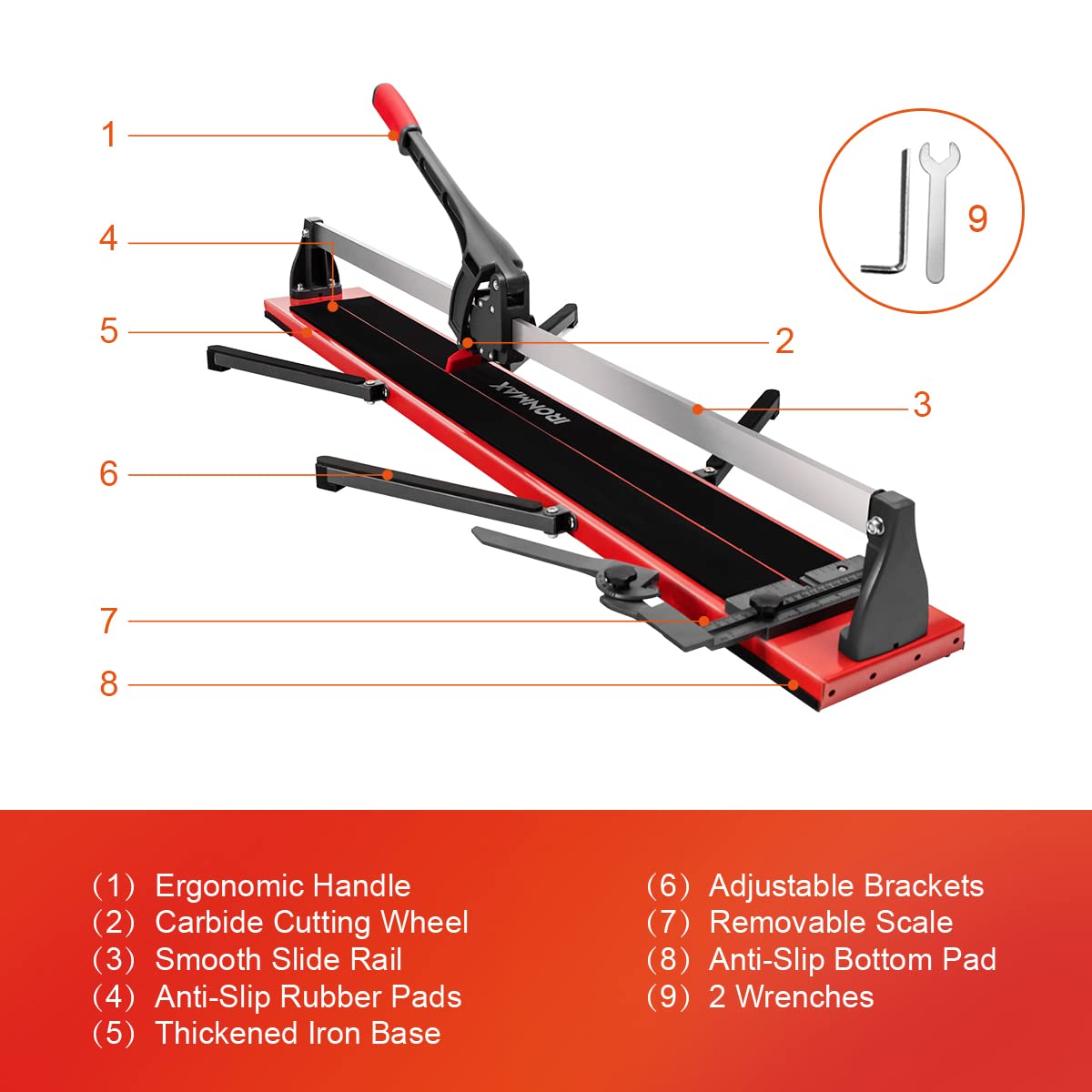 IRONMAX 48 inch Manual Tile Cutter, Professional Ceramic Tile Cutter Tools with Ergonomic Handle, Removable Scale, Adjustable Brackets, Porcelain Cutting Machine with Tungsten Carbide Cutting Wheel