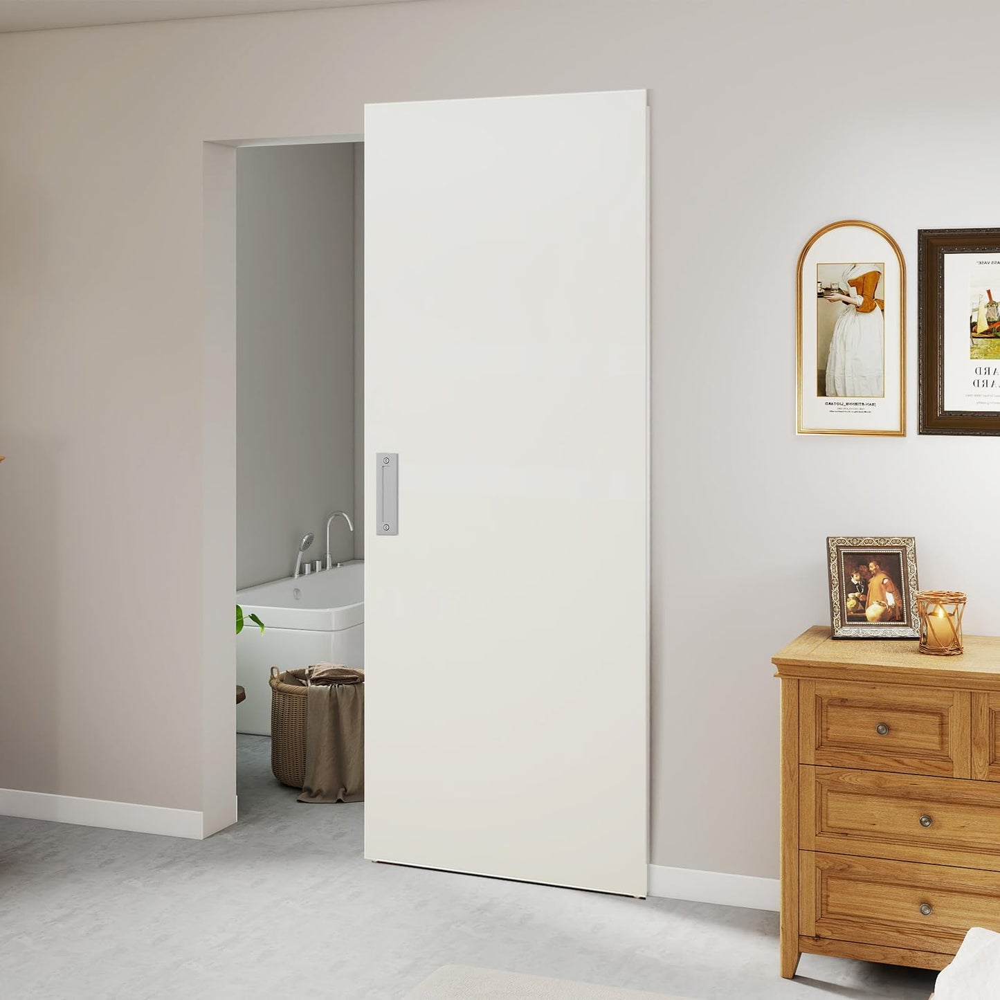 BarnSmith 30"x84" Concealed Sliding Barn Door, White Primed Flush Solid Core Sliding Hidden Barn Door with Soft Close Installation Hardware and Double Sided Pulls Included