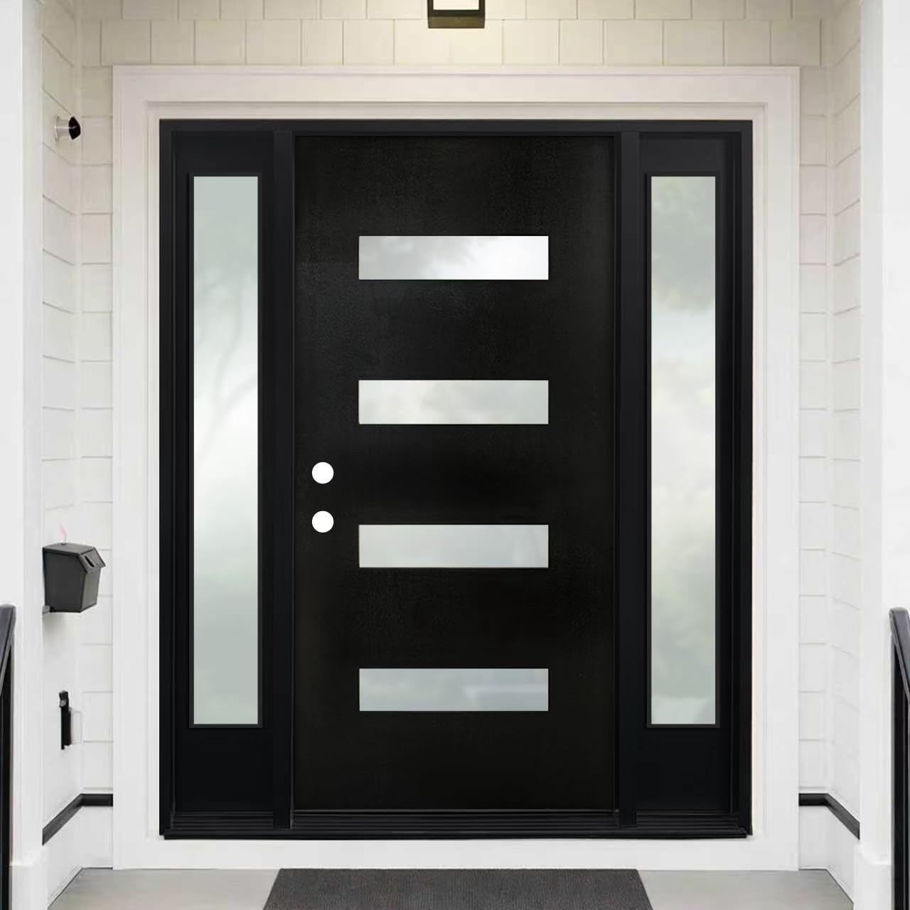 Front Entry Door with Sidelite, Fiberglass Entry Door with Sidelite, 68 x 80 Contemporary Onyx Stain Mahogany-Grain Front Door, 4-Lite Frosted Glass Design, Right-Hand Inswing-Dual 14 in. Sidelites