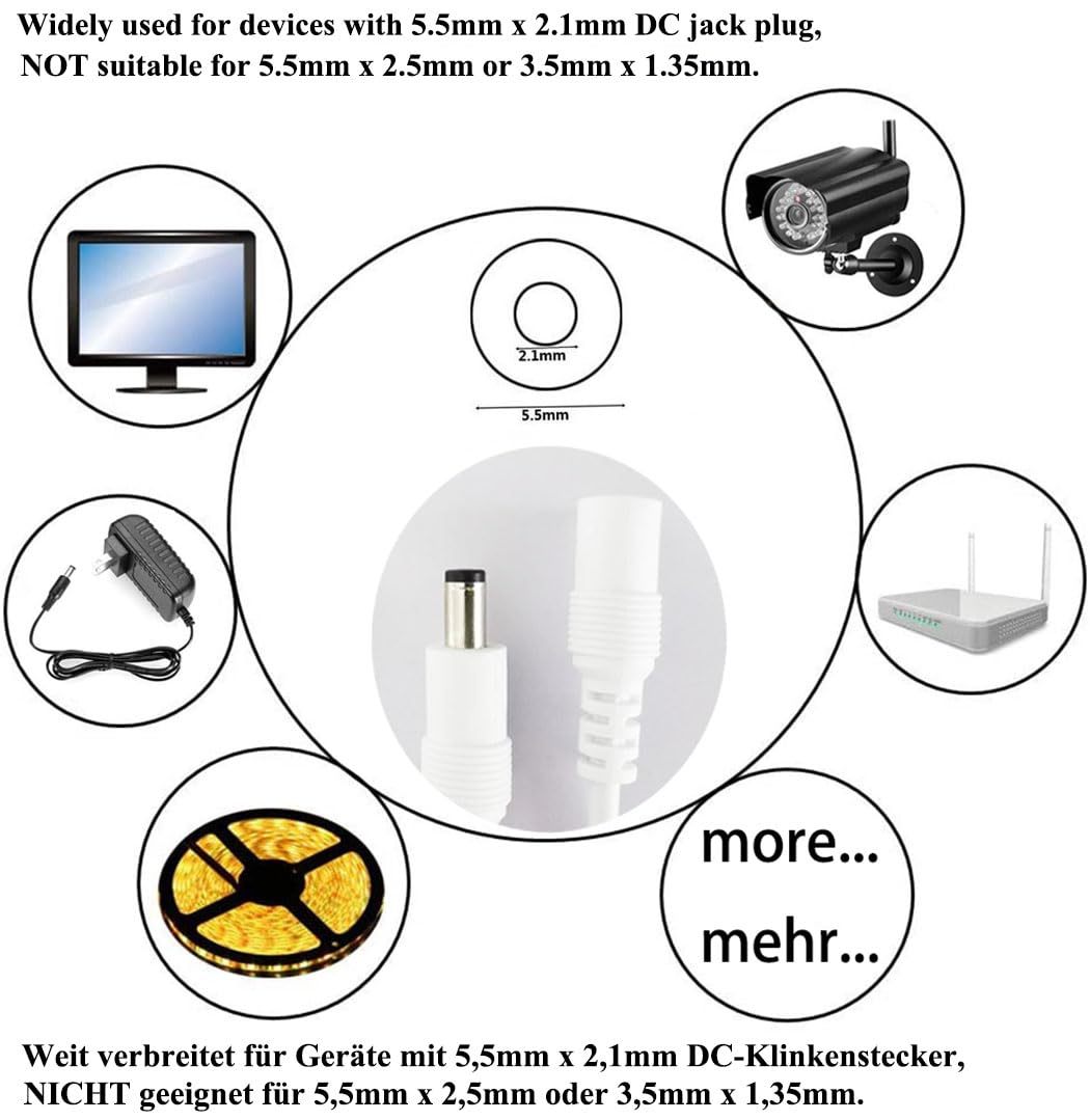 2pcs 1m 3.3ft 12V 5V-24V 5.5mm 2.1mm DC Extension Cable Extension Cord DC Power Cord x DC Jack Plug Adapter Male