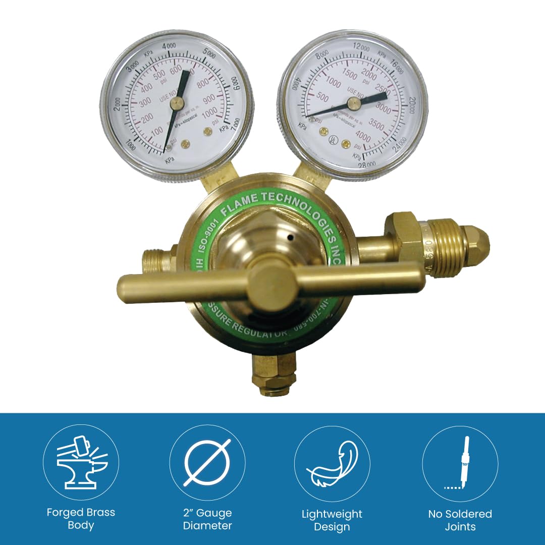 Flame Tech High-Pressure Piston Regulator for Inert Gases, Regulator for Nitrogen and Argon Gas, Forged Brass Body and Bonnet, Easy to Read Dual Scale, Precise Stabilized Control