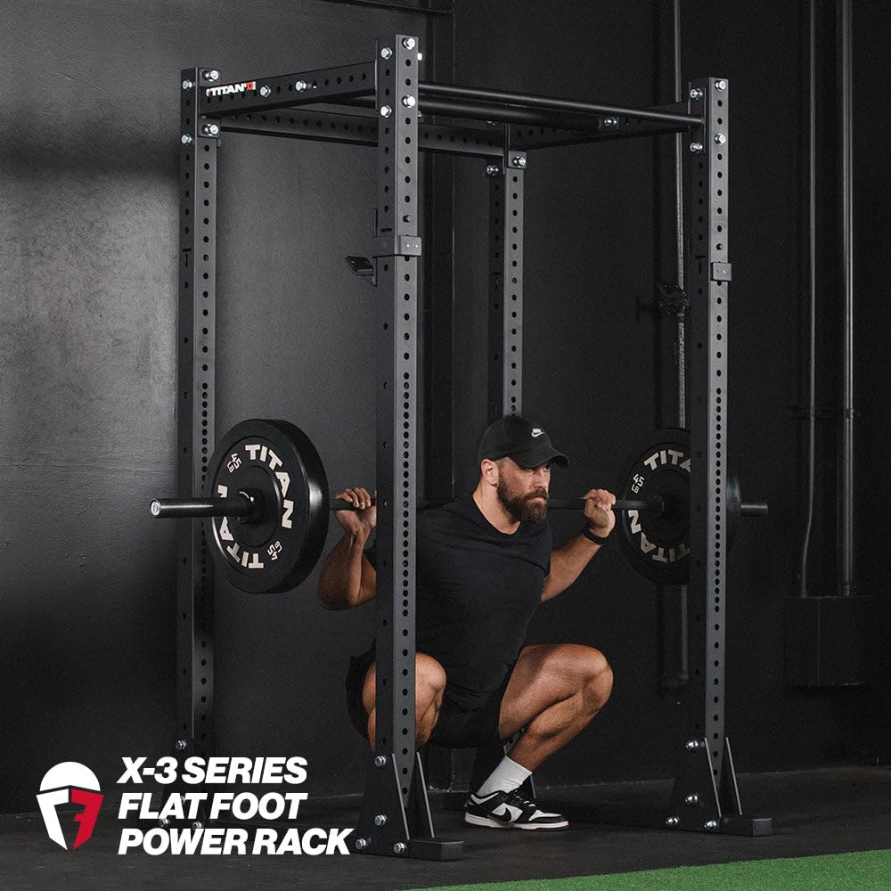 Titan Fitness X-3 Series Flat Foot Power Rack, 82" H x 30" D, 1,650 LB Rackable Capacity, Skinny & Fat Pull-Up Bars, Standard J-Hooks, for Home Garage Gym Weightlifting and Strength Training