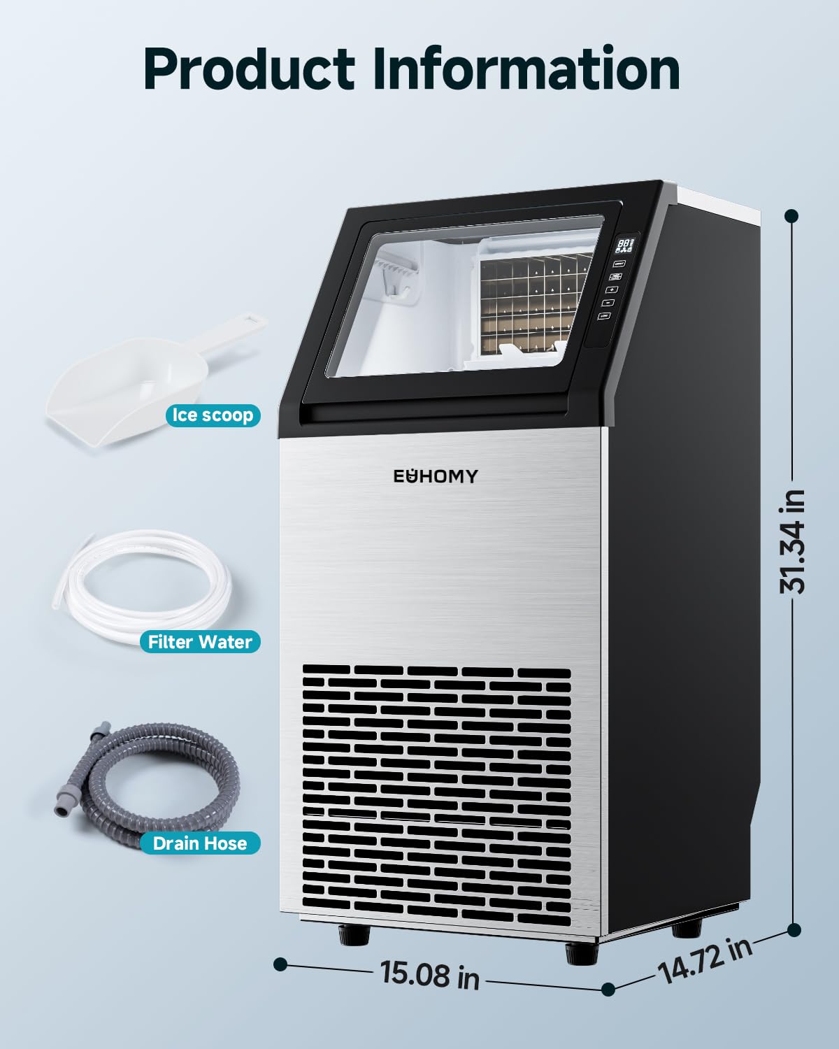 EUHOMY Commercial Ice Maker Machine,100lbs/24H Stainless Steel Under Counter Ice Machine with 33lbs Storage Bin, Freestanding Ice Maker for Home/Bar/Cafe/Restaurant