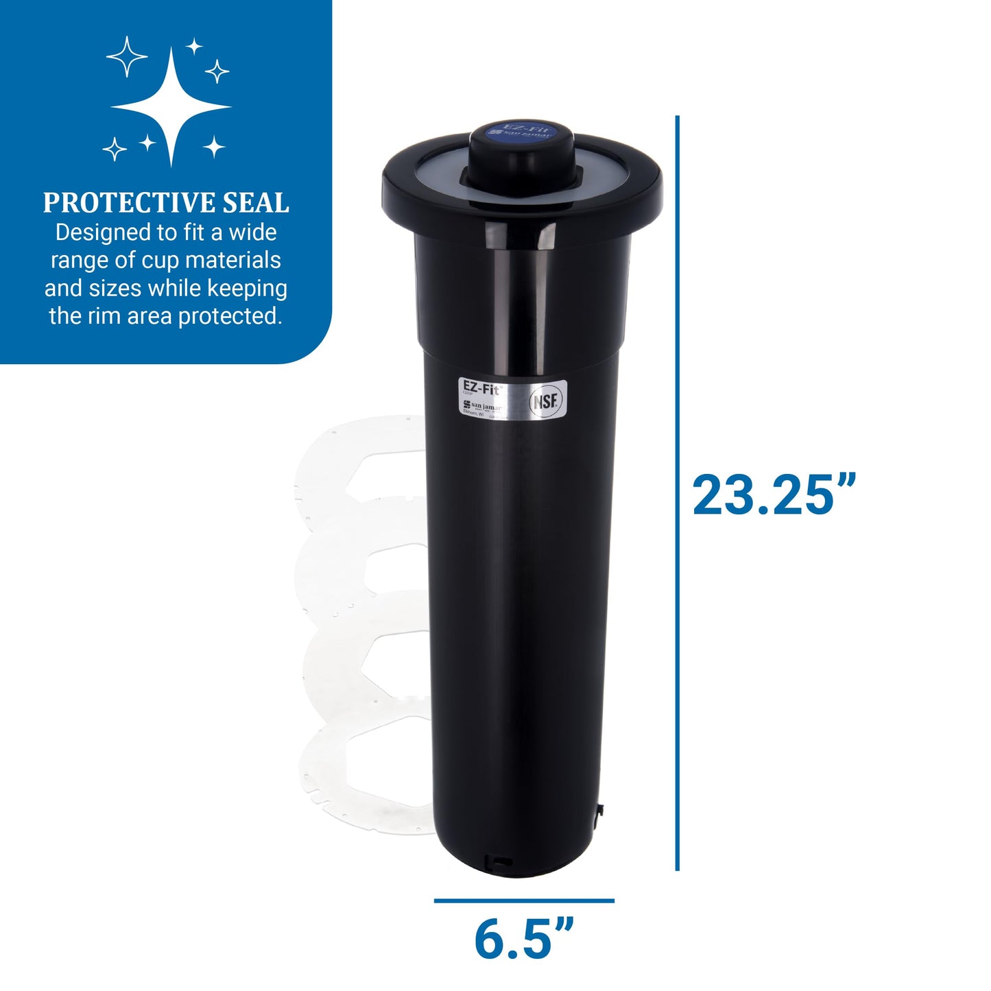 San Jamar Ez Fit Surface Mount Cup Dispenser Fits 6 - 24 Oz Cups with Interchangeable Gaskets for Restaurants, Dining Halls, and Fast Food, Plastic, 18 Inches, Black