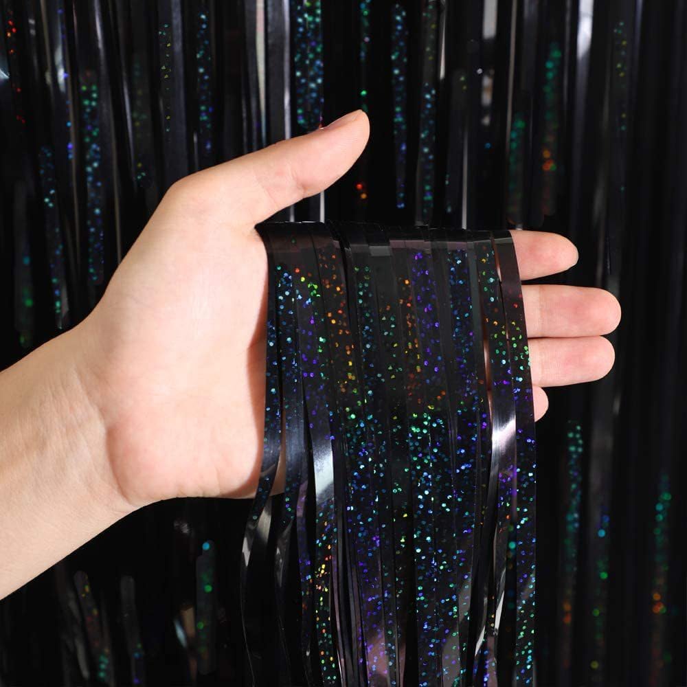 Slmeno Black Foil Fringe Curtains - 4 Pack Metallic Tinsel Backdrop | 3.3x8.2ft Party Decorations for Events