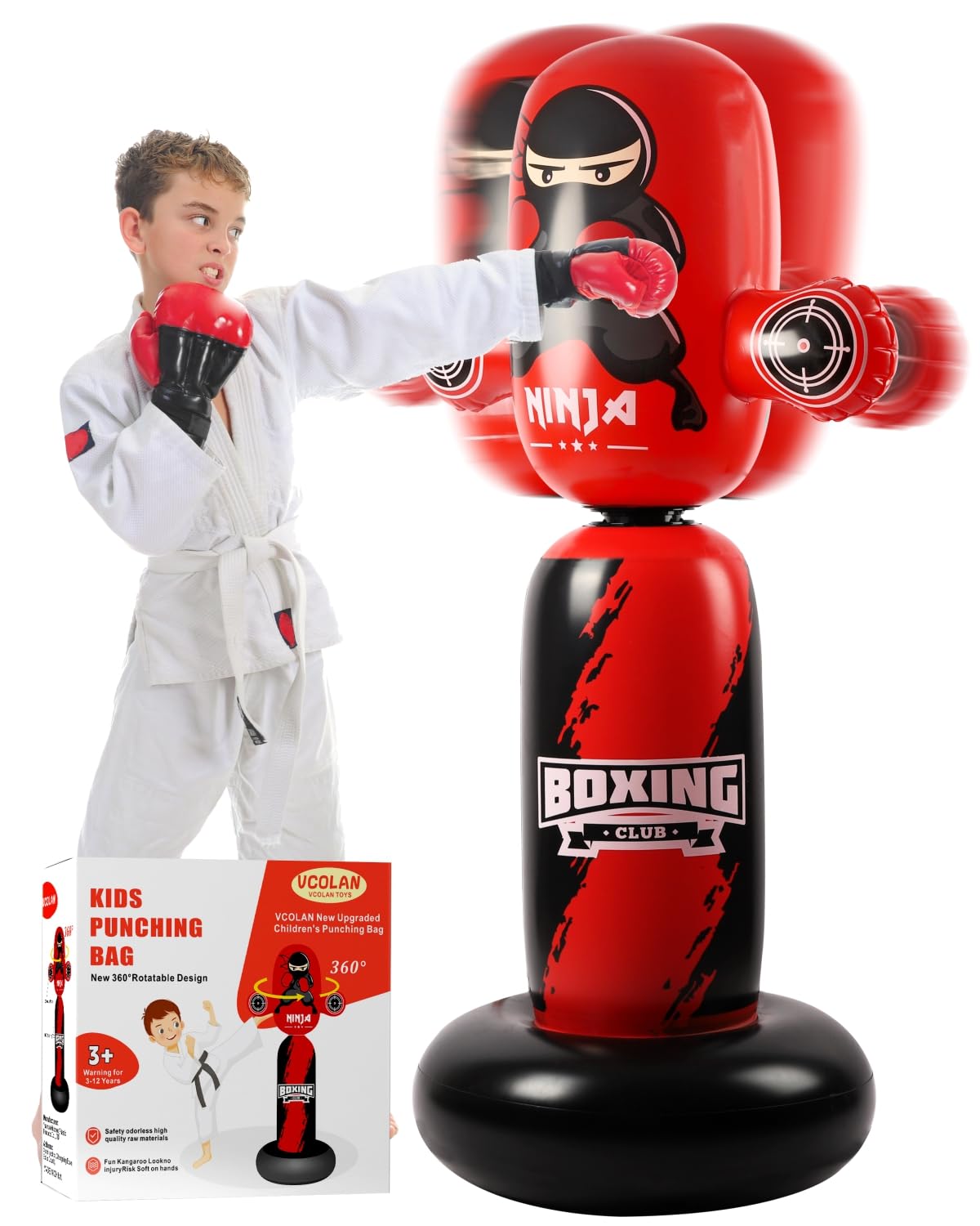 VCOLAN Punching Bag for Kids,63inch Kid Punching Bag,New Upgraded 360°Rotating Inflatable Boxing Bag Ninja Toy Christmas Birthday Gift for Boys Age 3-12