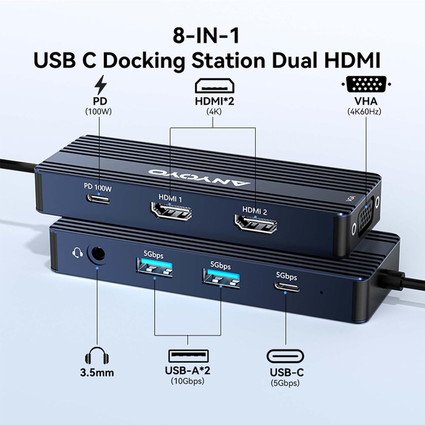 ANYOYO 8-in-1 3 4K +PD100W+Audio USB C Docking Station Dual HDMI Monitor Adapter USB C HUB Monitors Adapter with HDMI