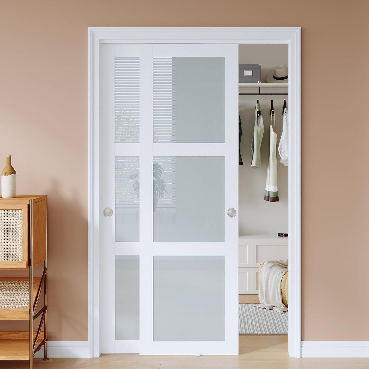 EaseLife 48x80 in (Double 25in) Sliding Closet Door for Bedroom, 3-Lite Frosted Glass Sliding Door with Hardware Track Kit & Floor Guide, Preassembled Door Panel, MDF White Pocket Doors