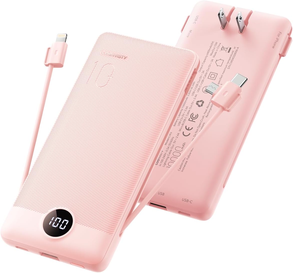 Coowisty 10000mAh Pack Portable Charger Built-in Cables and Wall Plug, Slim USB C Power Bank, LED Display External