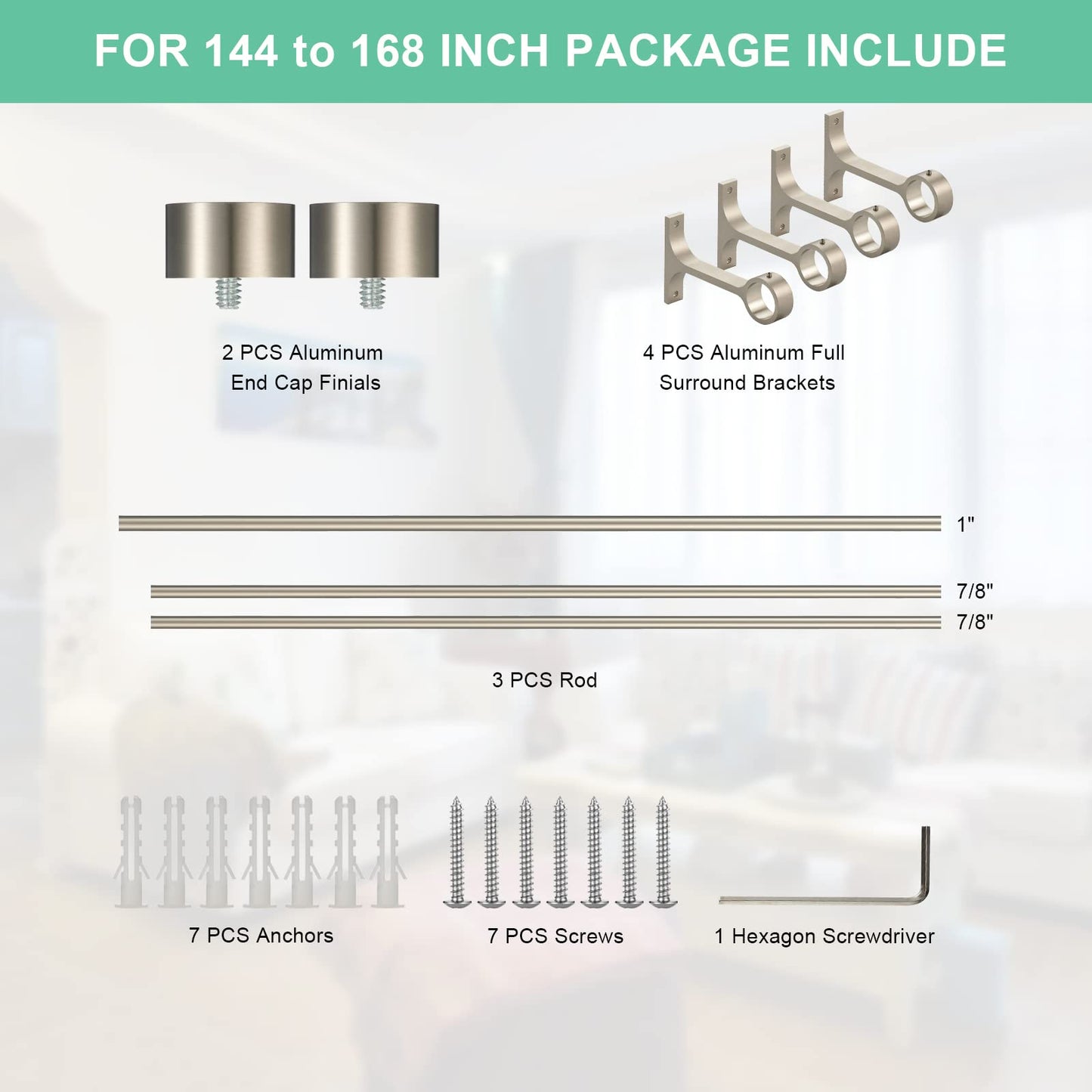 Lwiiom Brushed Nickel Curtain Rods for Windows 144-168 Inch, 1-Inch Adjustable Drapery Rods with Aluminum End Cap and Brackets for Room Divider, Bedroom, Living room, Kitchen, Bathroom Etc