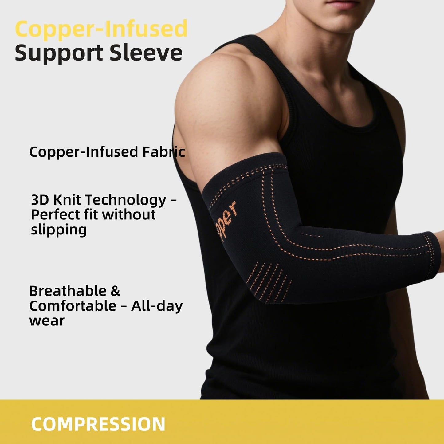 JIQUD Arm compression Sleeve (1 Pair),Copper Elbow Compression Sleeve,Elbow Brace for Tennis Elbow Tendonitis,Full Arm Sleeve for Men & Women,Sports Support & Recovery (Black, Medium)