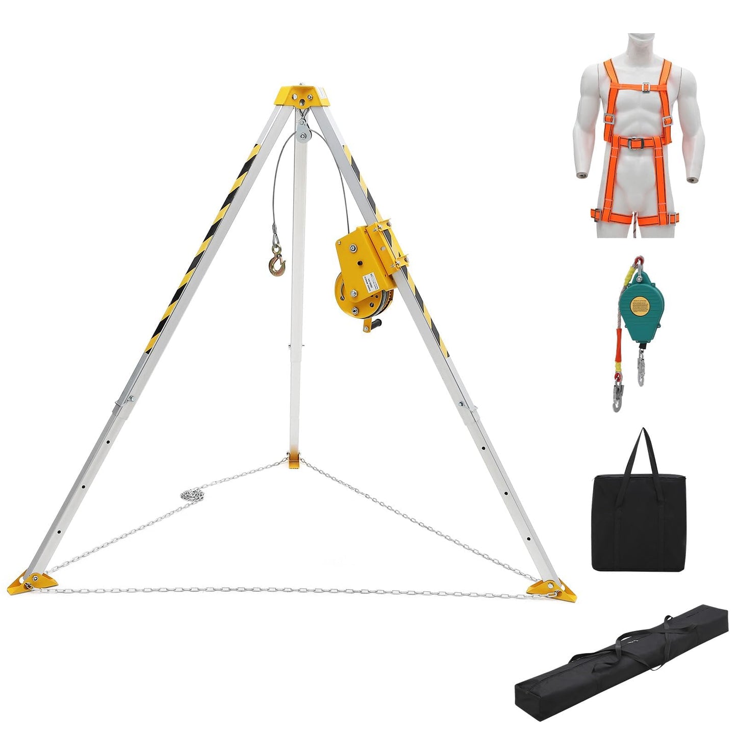 Adjustable Confined Space Tripod Kit with 1200 Lbs Winch, 8-Foot Legs, 98-Foot Steel Cable, 33-Foot Fall Protection, Safety Harness, and Storage Bag for Rescue and Safety Operations