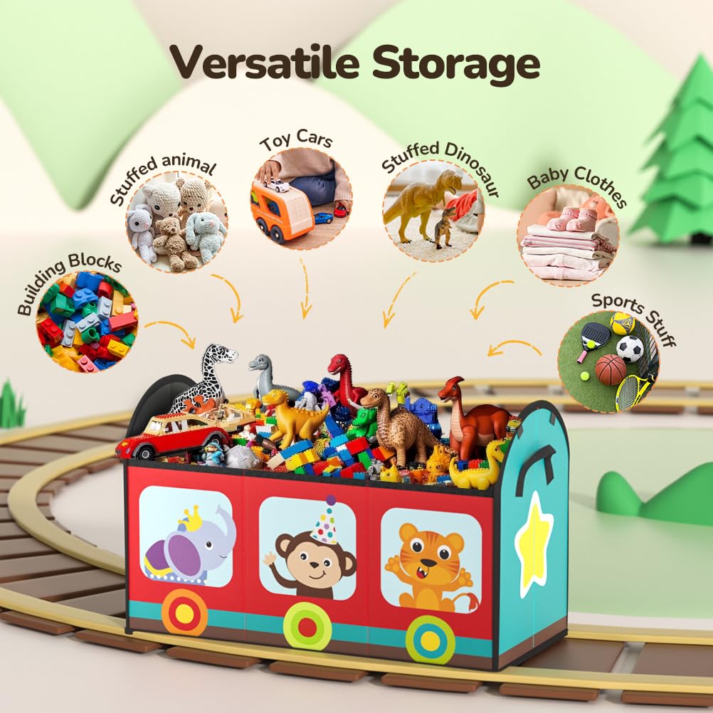 YOHOOLYO Toy Storage Organizer for Kids, 28.3x12.6x17.3 Large Sturdy Flip-Top Toy Box with Fabric Lid & Handles, Cute Train Design Toy Chest Bin Box Baskets for Playroom, Nursery, Boys, Girls