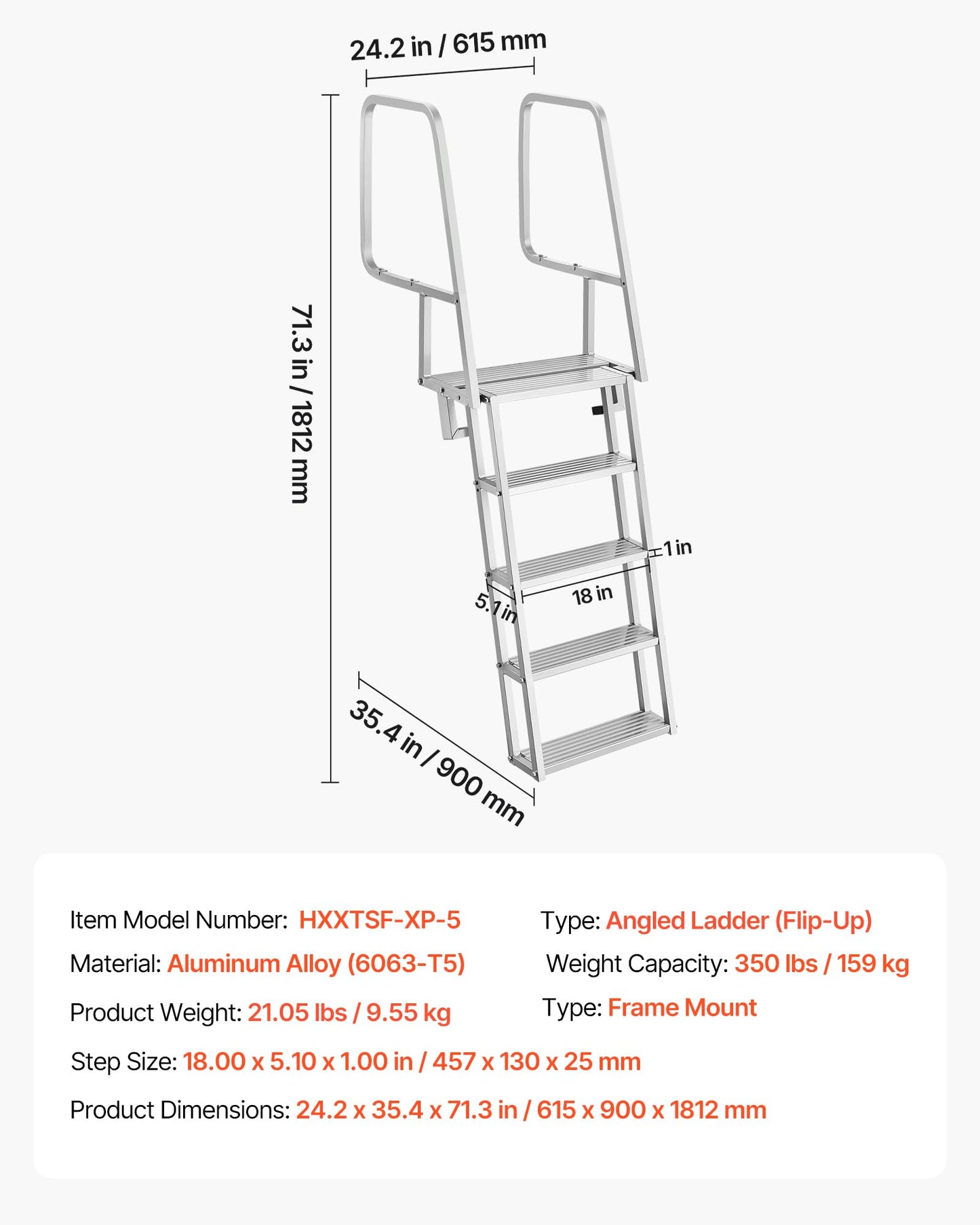 VEVOR Flip-Up Dock Ladder, 5-Step, Heavy-Duty Aluminum Alloy Pontoon Boat Swim Ladder, with Non-Slip Wide Steps, 350 lbs Weight Capacity, Pull Rope Assist, Comfort Use for Lake Pool Marine Boarding