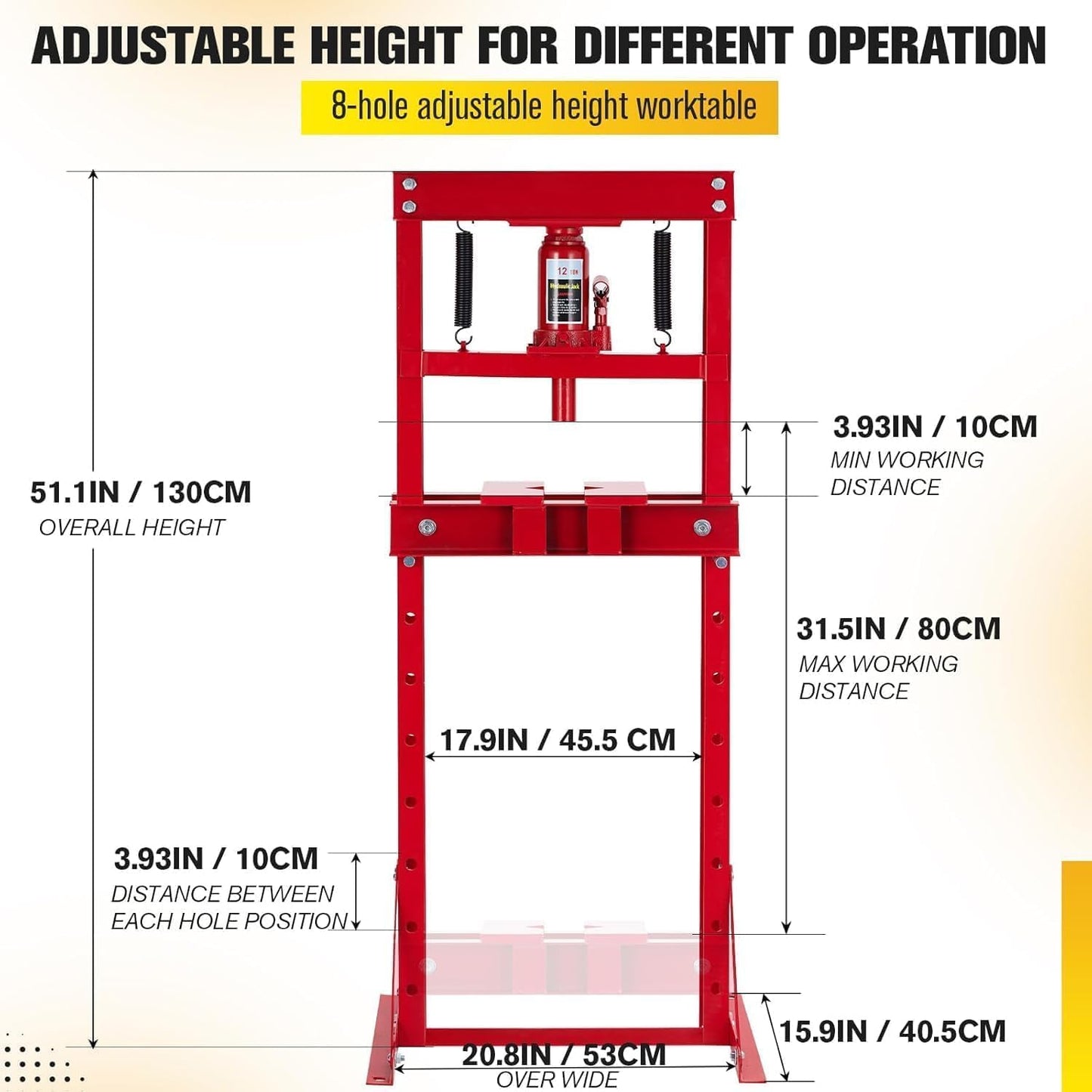 12 Ton Hydraulic Press with Adjustable Table, Heavy Duty H-Frame Hydraulic Shop Press with Movable Plates, Ideal for Auto Repair, Metal Bending, Garage Use, Red