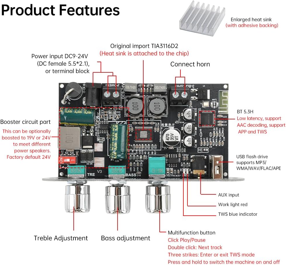 ZK-1001U TWS,100W 9-24V Mono Bluetooth AMP Board with Vehicle Amplifier Input Wide Voltage Home Audio Amplifier