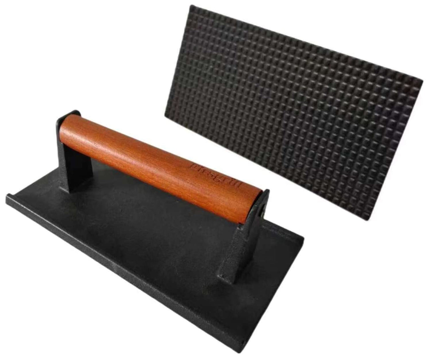 Firsgrill 8.3"×4.3" Heavy-Duty Cast Iron Grill Press and Steak Weight with Cool-Touch Comfort-Grip Wood Handle - BBQ Accessories for Griddle, Outdoor Grill, Panini, Tortilla (2 Rectangle)