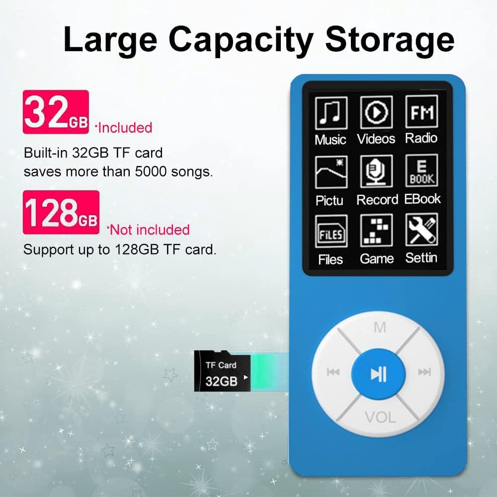 Xidehuy MP3 32GB Player with TF Card,Built-in HD Speaker,Portable HiFi Music Player with Video/Voice Recorder/FM