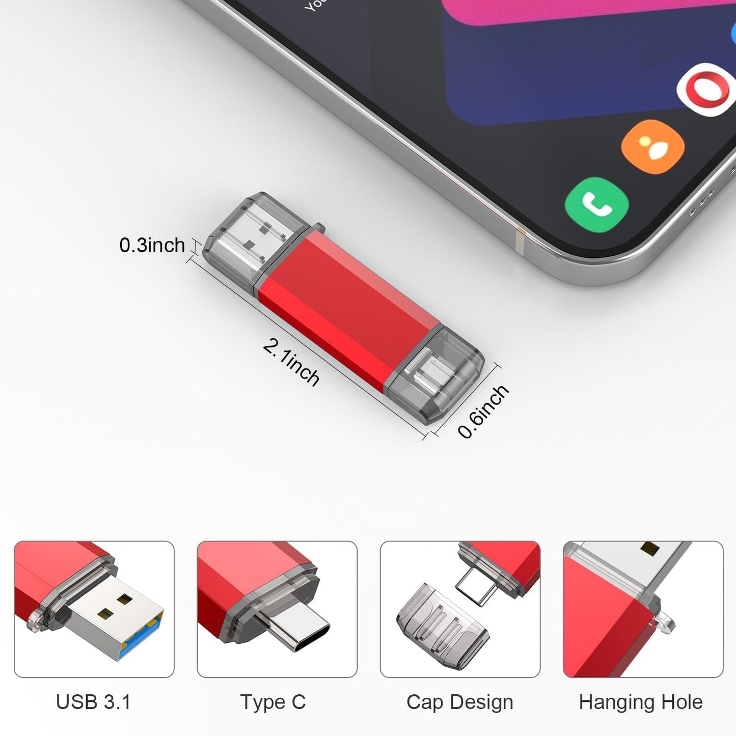 RAOYI 128GB 130MB/s, 2 1 3.1 USB C Flash Drive Upgraded in USB Type C Dual OTG Metal Thumb Drive Memory Stick