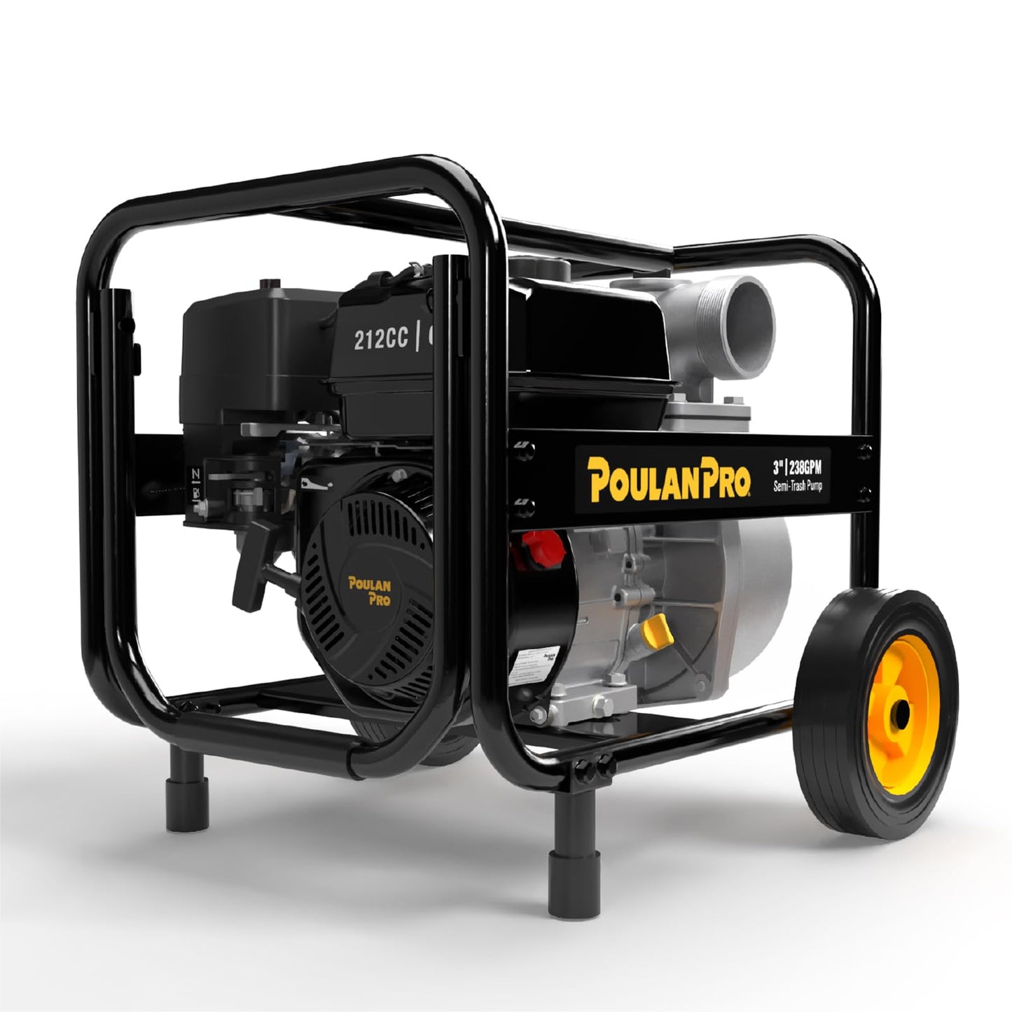 Poulan Pro Semi Trash Pump 3 Inch, 6HP 212cc 4-cycle Engine, 238GPM, 100ft Lift, 23ft Suction, Gas Powered Water Pump with Wheels & Handle for Pond, Sewage, and Pool (3 inch)