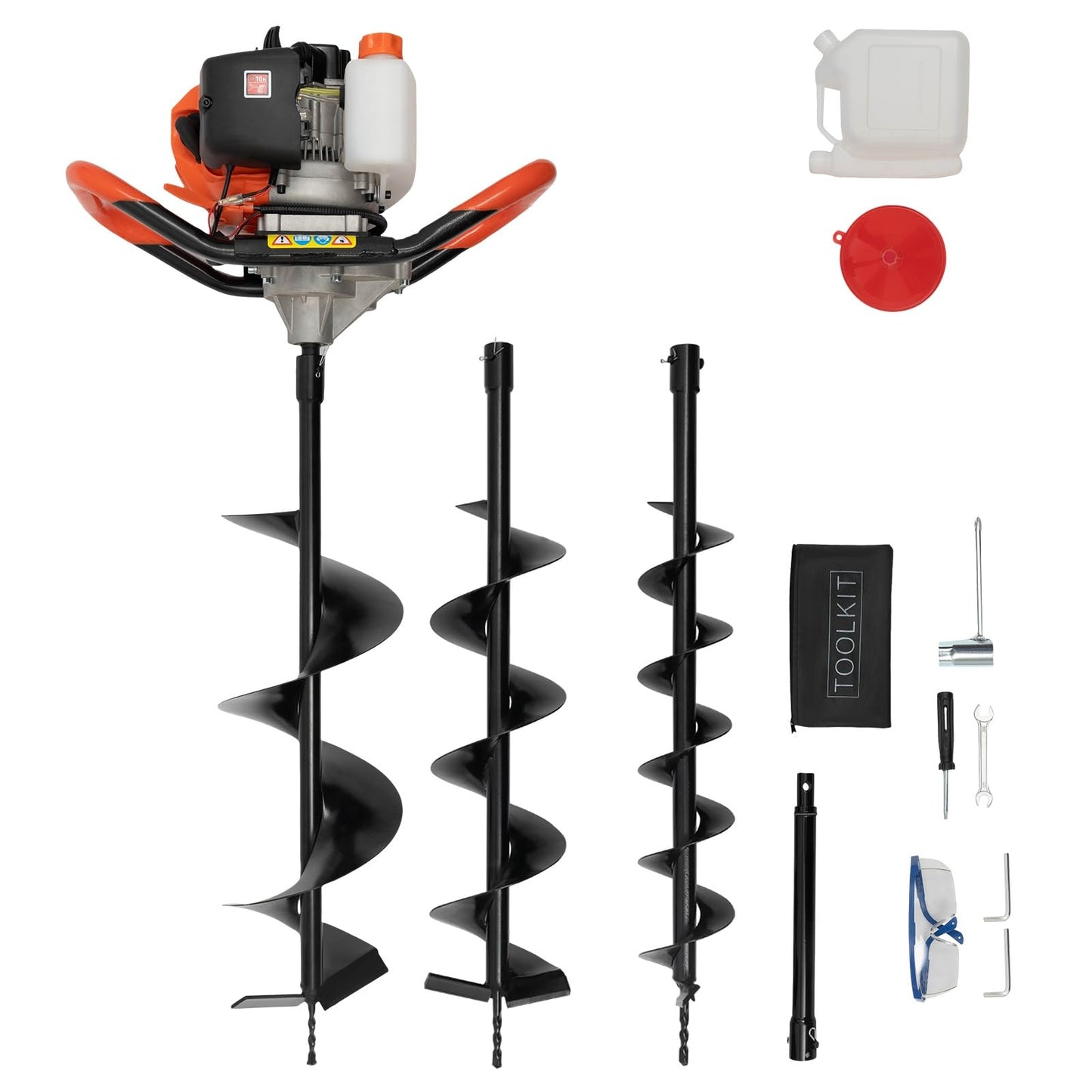 52cc 1700W Auger Post Hole Digger Gas Powered with 3 Drill Bits 4" 6" 8" & Extension Rod Kit for Farmland, Garden and Plant