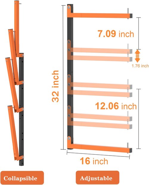 Lumber Storage Rack - Heavy Duty Metal 8-Level Wall Mount | 32-Inch Garage Organizer