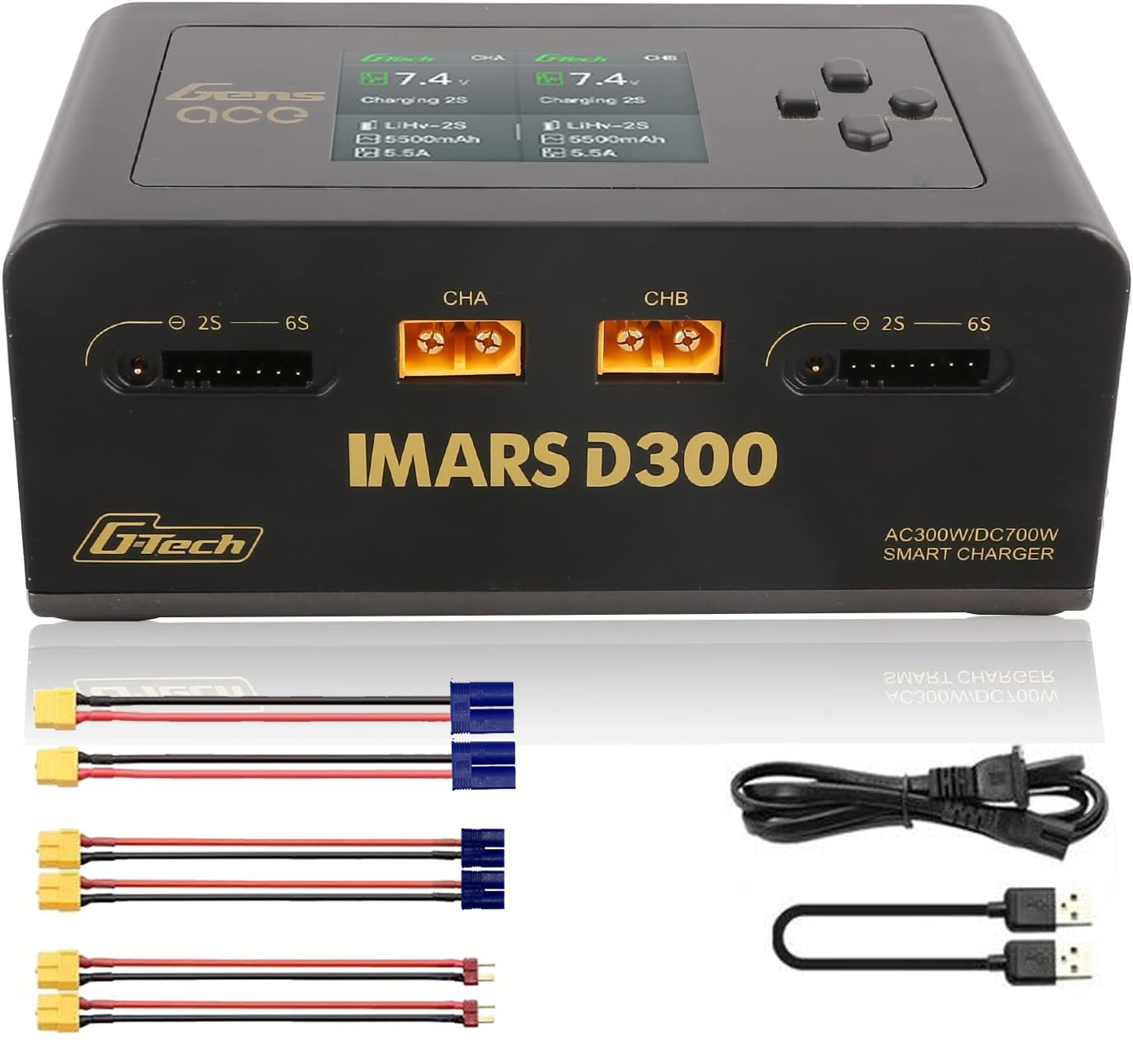 Alaohu IMARS D300 Lipo Battery Charger, Gens Ace Smart Balance Charger Dual Channel AC 300W / DC 700W (350W*2) 16A for RC LiPo Li-Ion LiHV Life Battery Charging (Black)