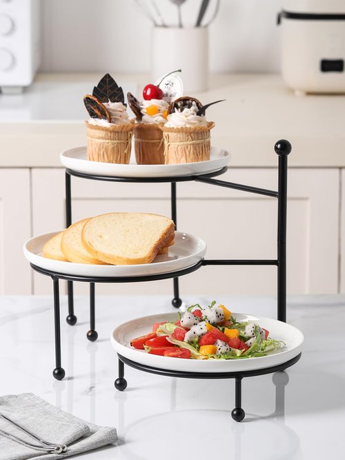 Kanwone 3 Tiered Serving Stand with White Porcelain Plates, Tiered Tray Stand, Dessert Table Display Set, 8" x 8" Tier Serving Trays with Black Metal Stand for Entertaining, 3 Tier Dessert Stand