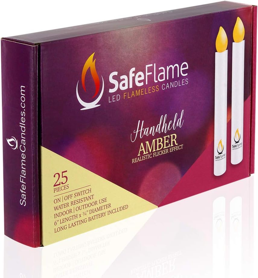 SafeFlame Flickering LED Handheld Candles - Battery Operated with Easy On/Off Switch - Box of 25 (Amber)