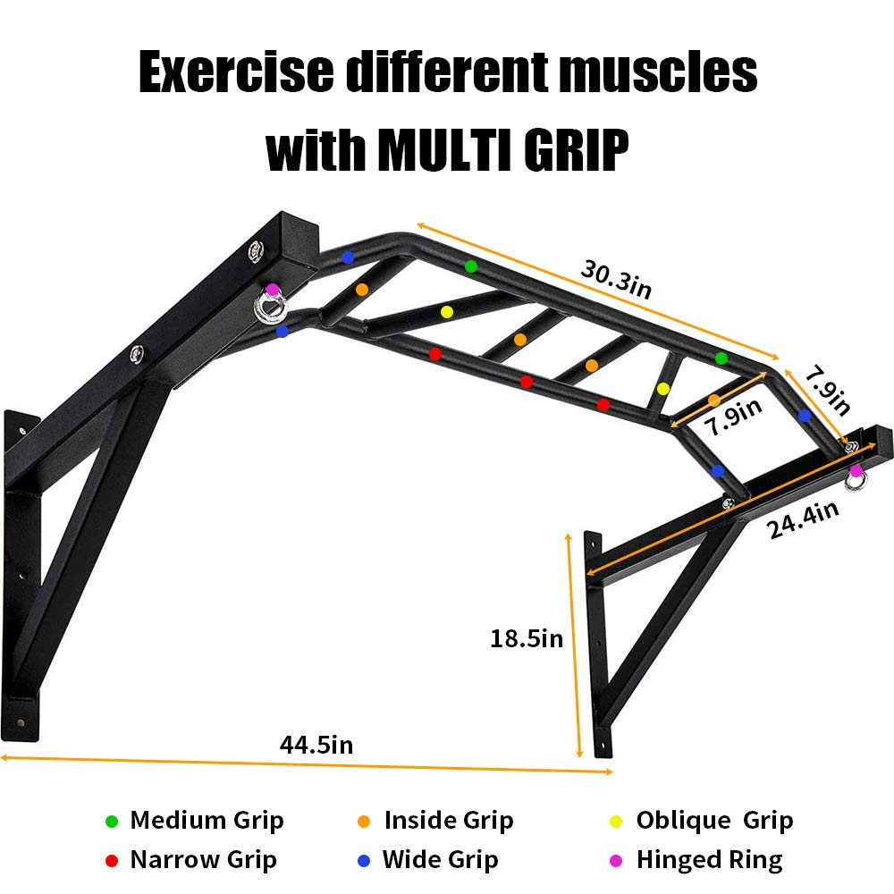 BESTHLS Wall Mounted Pull Up Bar Multi-Grip Chin Up Bar Strength Training Pull-up Bars with Hanger Rings for Punching Bags, Power Ropes for Home Gym