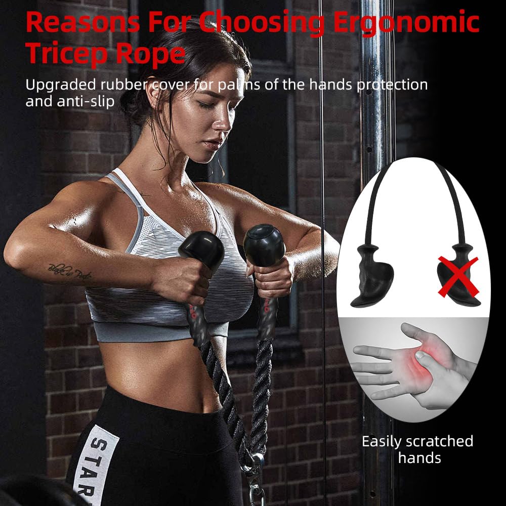 Diaomao Tricep Rope with Upgraded Rubber Handles,35 Inch Tricep Pull Down Rope for Cable Machine, Greater Range of Motion, Triceps Rope Cable Attachment for Gym, Home, Easy to Grip, Non-Slip