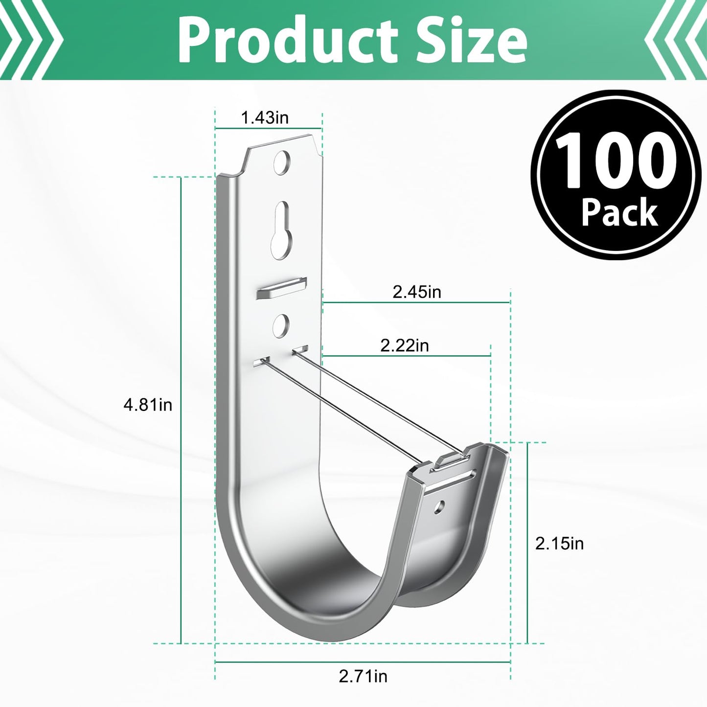 IRENPORU 100 Pack 2 Inch Cable Support J Hook Wall Mount J Hook with Retainer Clip, Galvanized Steel for Cable Management & Organization Solution