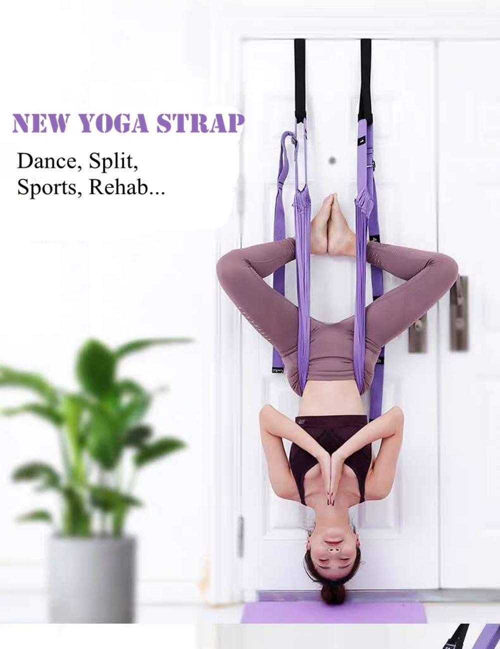 Yoga Stretching Strap, Adjustable Height Leg Stretcher Waist Back Stretch Band Aerial Yoga, Anti-gravity Inversion Exercises Door Flexibility Tensile Trainer for Rehab Pilates Dance Splits (Black)