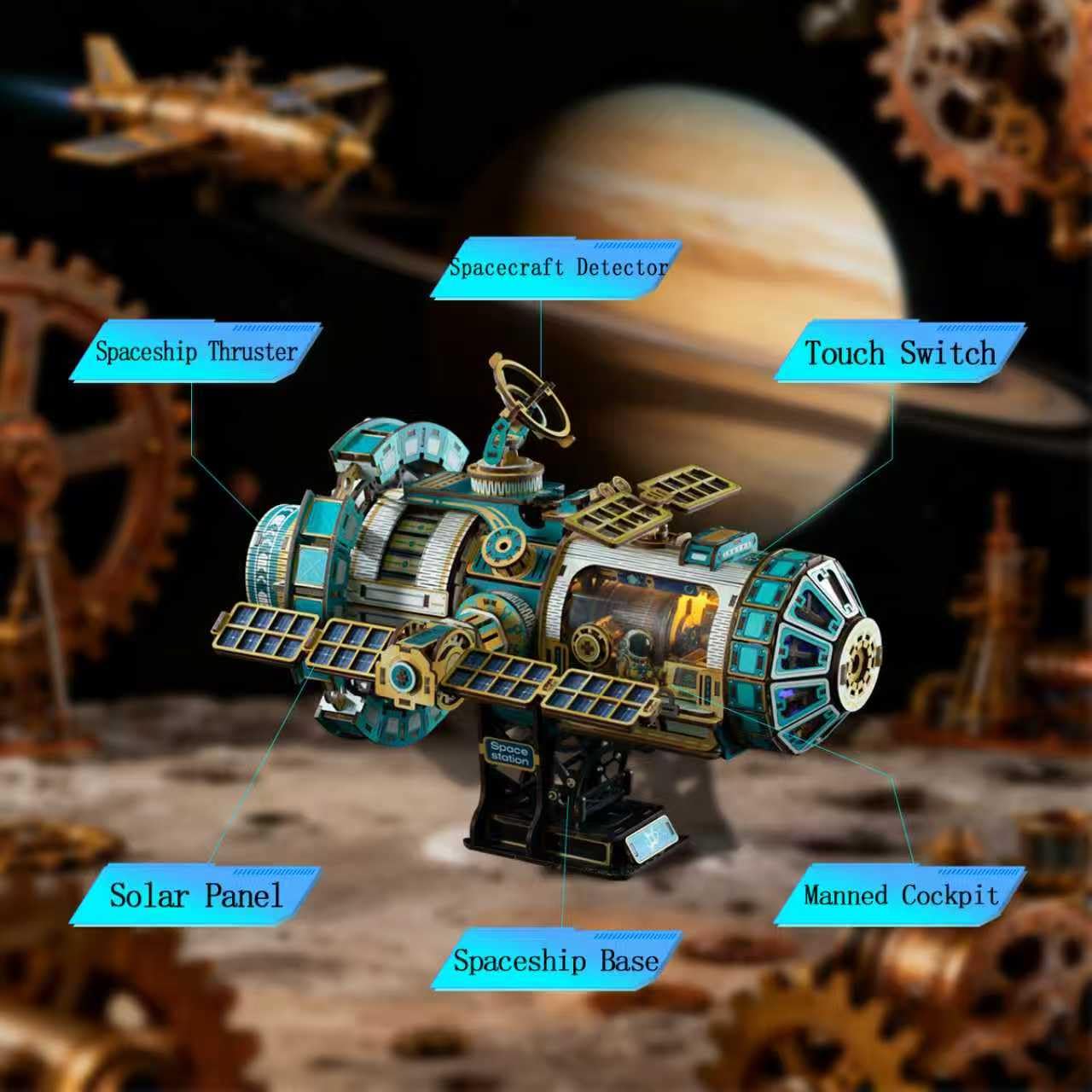 3D Wooden Puzzles for Adults - Space Station Mechanical Model Kit with Lights & Music, 511PCS Adult Wooden Puzzles, DIY Building Toy for Teen & Adults, Miniature House Kit for Birthday